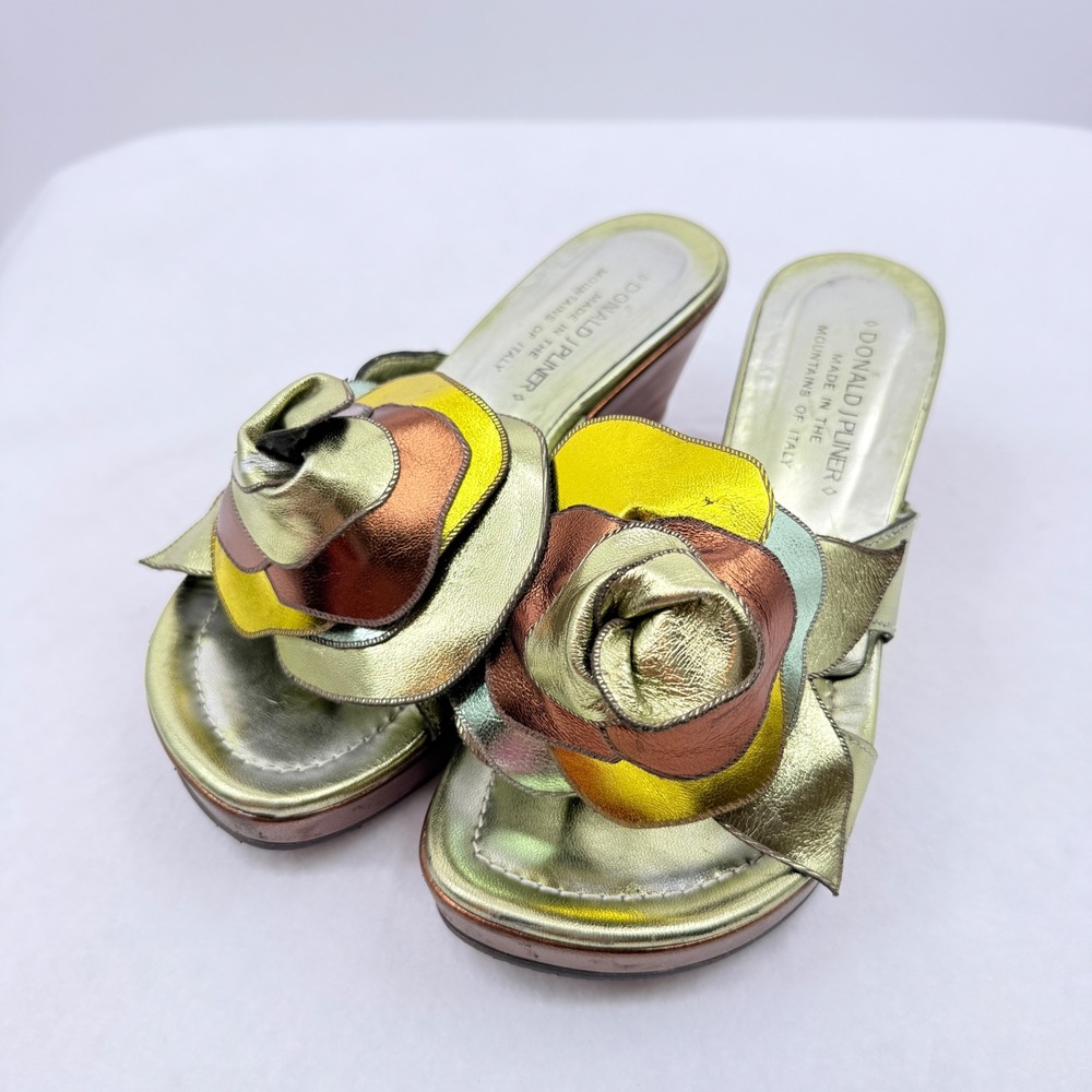 Donald J Pliner Wedge Sandals Womens 5 M Green Metallic Floral Fairycore Y2K